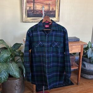 VINTAGE Coleman Plaid Green and Blue Quilted Shacket Wool Blend Button Up